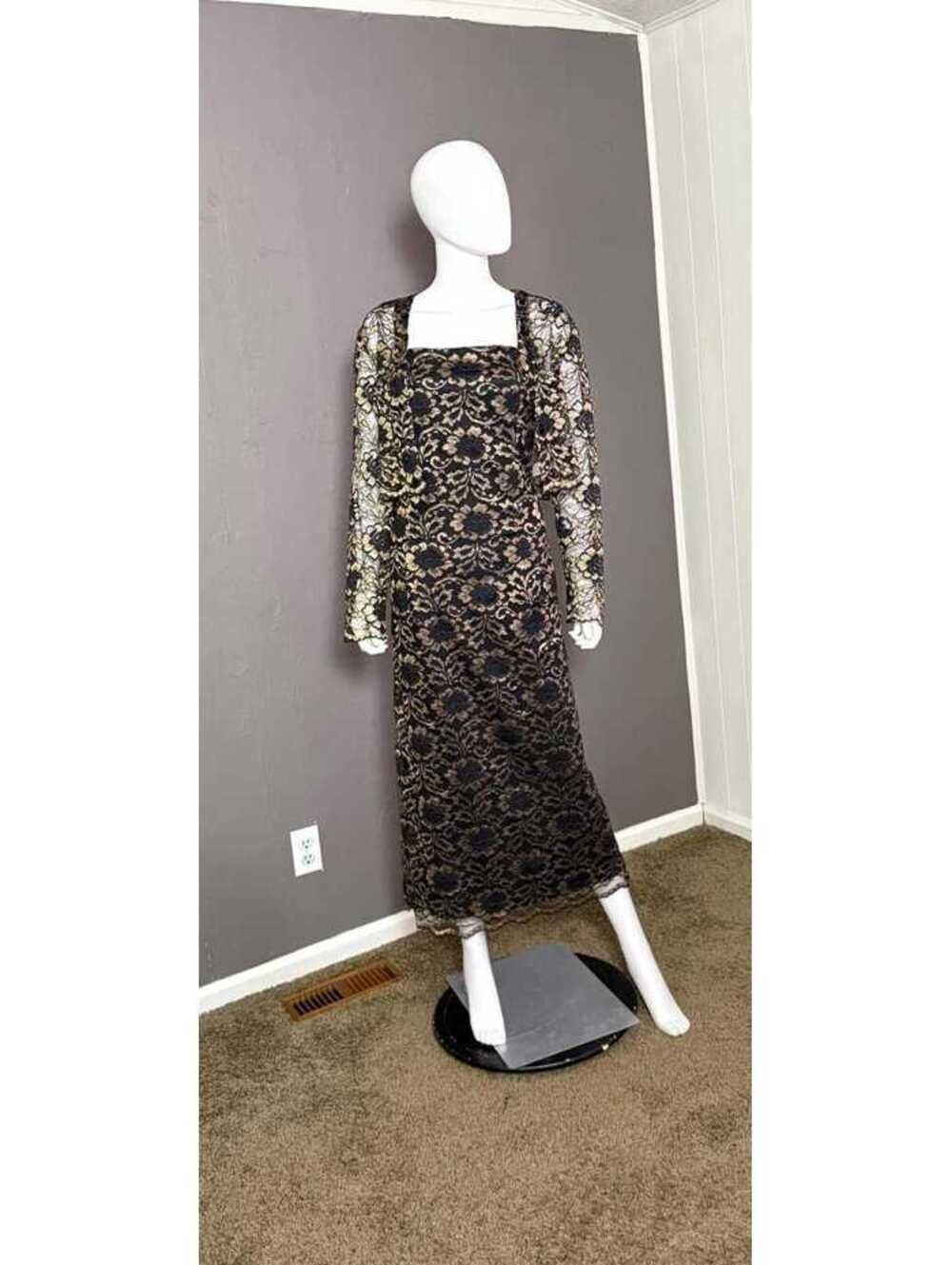 1990’s Lace Dress + Jacket set from Sheri Martin New York size 16 Black + Gold